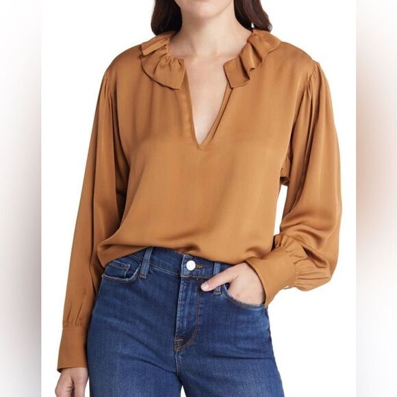 Frame Ruffle Collar V-Neck Silk Long Sleeve Blouse in Camel XS NWT $448 - Picture 4 of 4